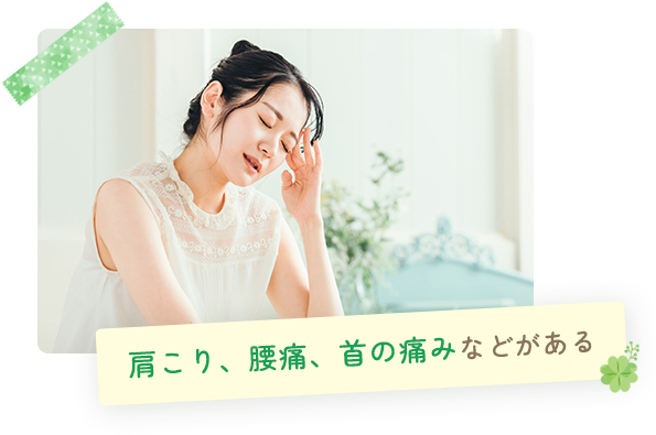 肩こり、腰痛、首の痛みなどがある